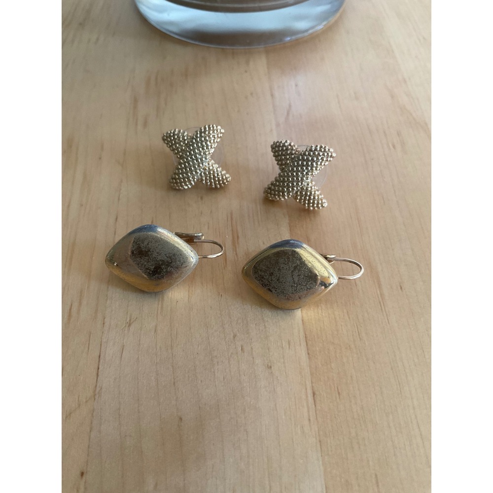 Vintage Monet Gold Tone Earrings Bundle X Studs and Diamond Lever Backs